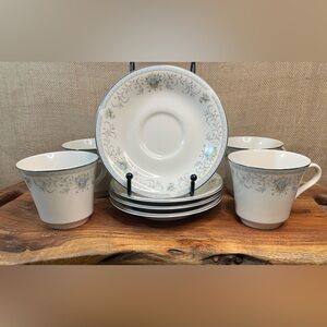 Set of 4 AMERICAN ROYALTY Blue Versailles Cups & Saucers -Porcelain Fine China